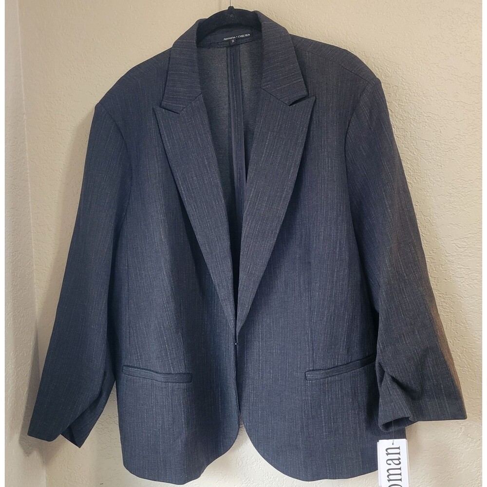 Amanda + Chelsea Womens Blazer Jacket Ruched Sleeves Sz 3X Black Gray Stretchy